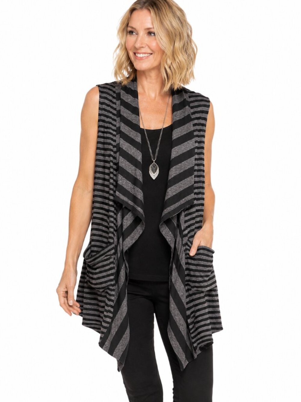 LOGO by Lori Goldstein Striped Waterfall Draped Vest XS Pockets Lagenlook